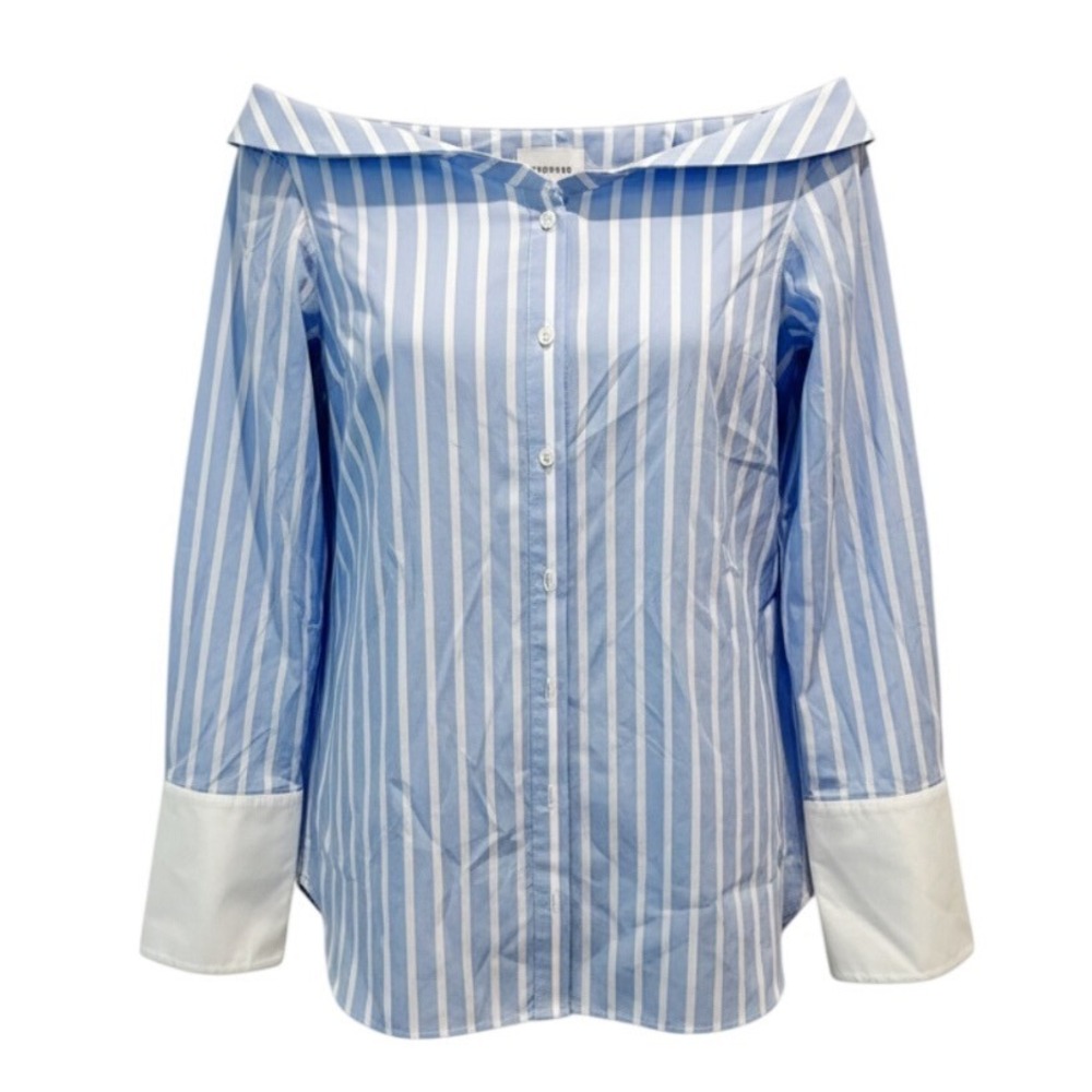 Monographie Blue White Striped Off Shoulder Button Down Shirt Size S Cotton